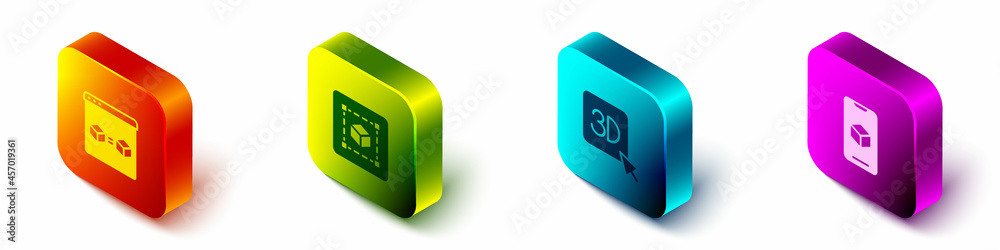 Set Isometric 3D printer perfect copy, Geometric figure Cube, and software icon. Vector