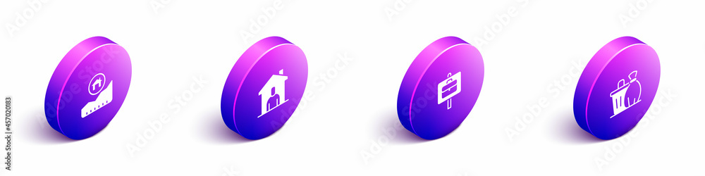 Set Isometric Rising cost of housing, Shelter for homeless, Work search and Trash can icon. Vector