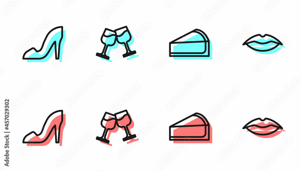 樱桃芝士蛋糕片、女鞋、酒杯和微笑嘴唇图标。矢量