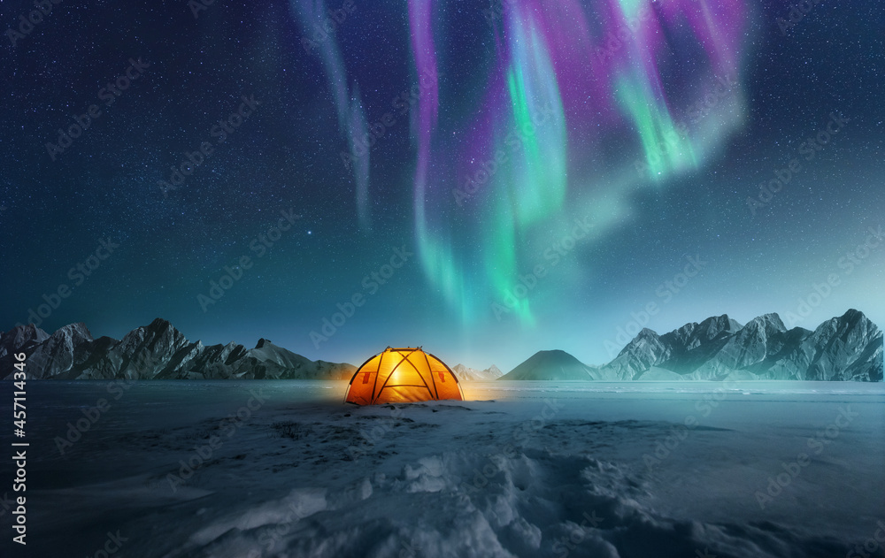 A tent pitched up in snow at night with the northern lights flickering in the sky above. Aurora Bore
