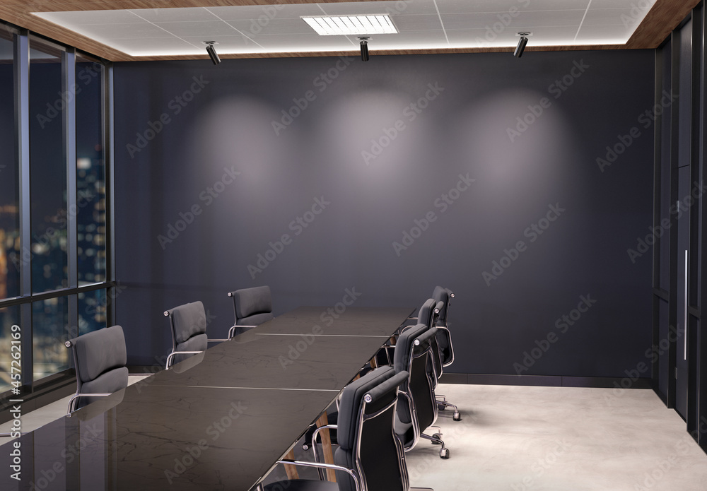 黑色现代办公室的空白墙模型，带窗户和聚光灯。空的公司会议室3D r