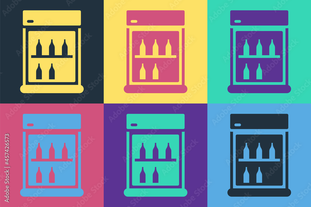 流行艺术商用冰箱，用于储存在彩色背景上隔离的饮料图标。s易腐
