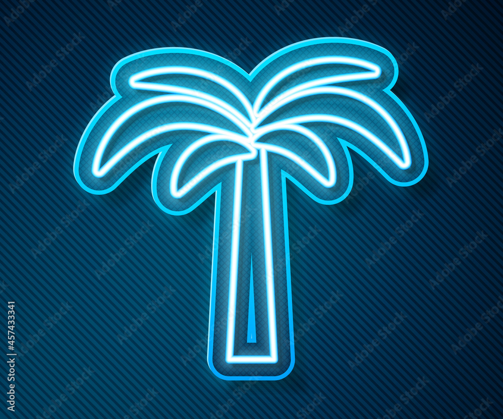 闪耀的霓虹线蓝色背景上孤立的热带棕榈树图标。椰子树。矢量
