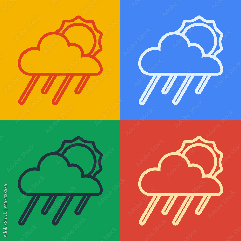Pop art line Cloud with rain and sun icon isolated on color background. Rain cloud precipitation wit