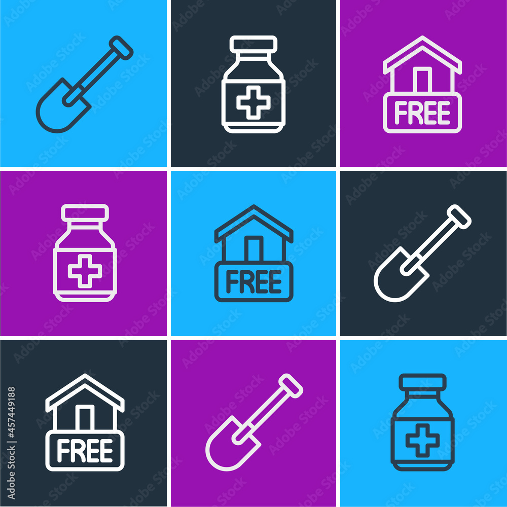 Set line Shovel, Free home delivery and Medicine bottle and pills icon. Vector