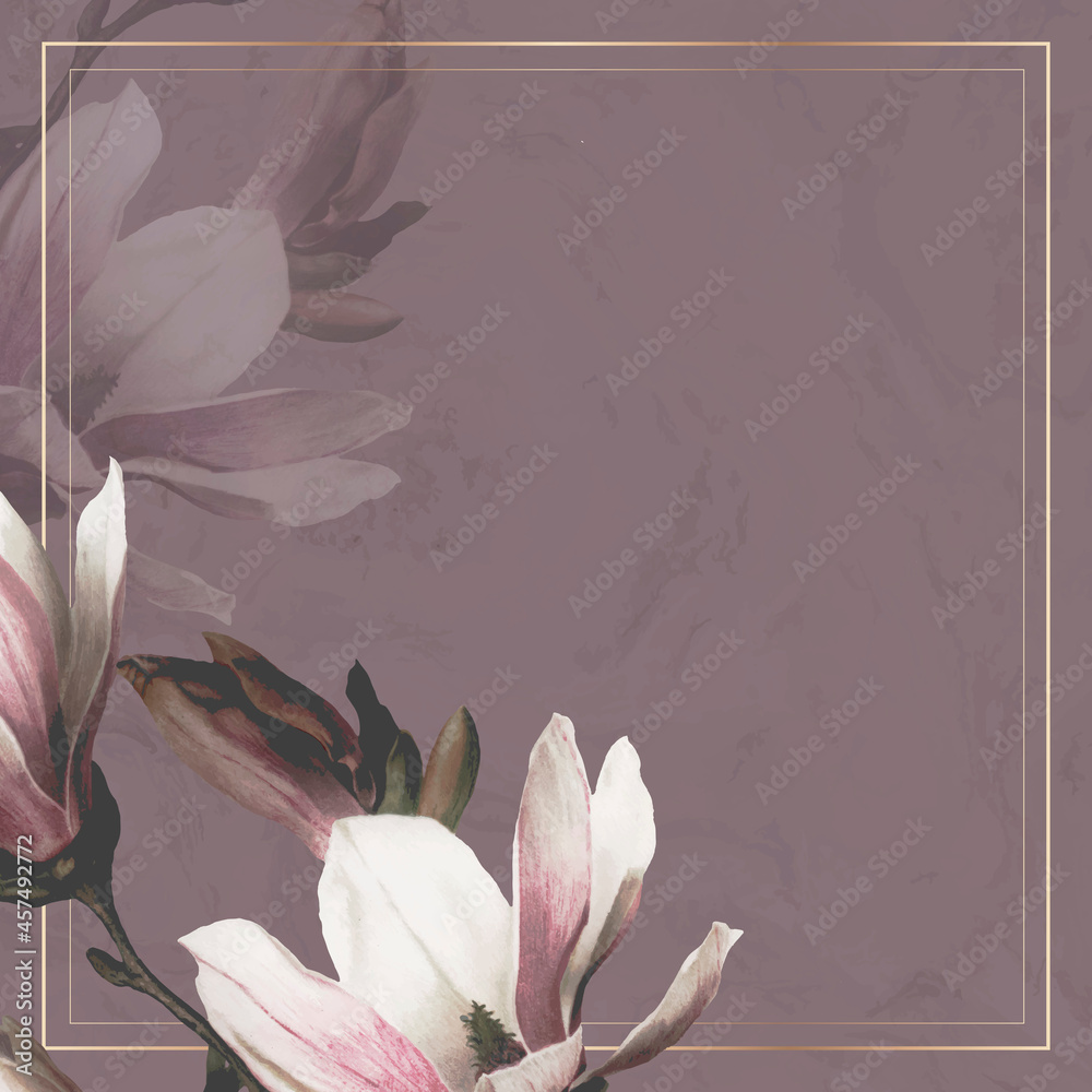 Gold frame vector with magnolia border on purple background