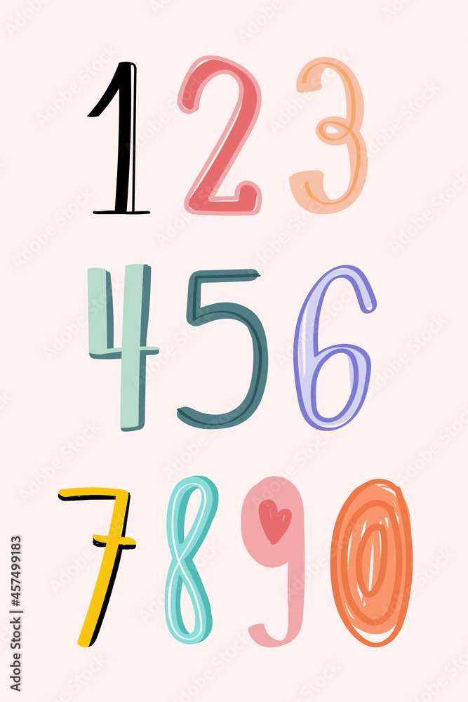数字0-9手绘涂鸦风格排版设置矢量