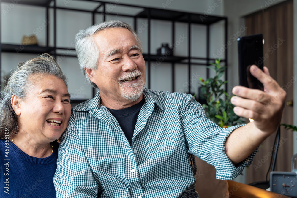 幸福的、温暖人心的老退休祖父母与远方的家人视频通话
