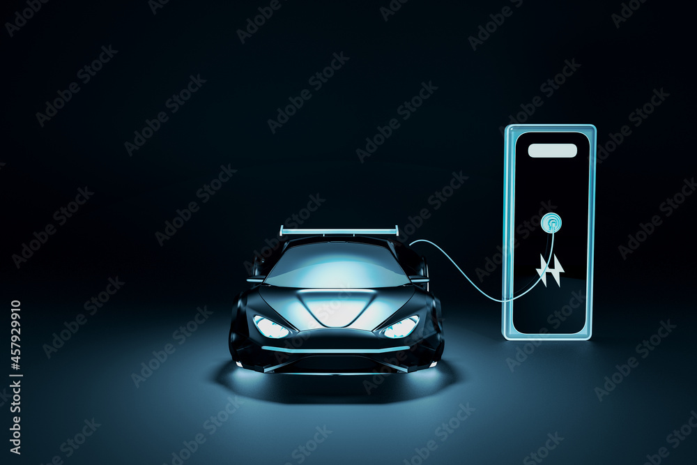 冷蓝色电动汽车在深色背景下充电。替代品、电力、车辆和环境