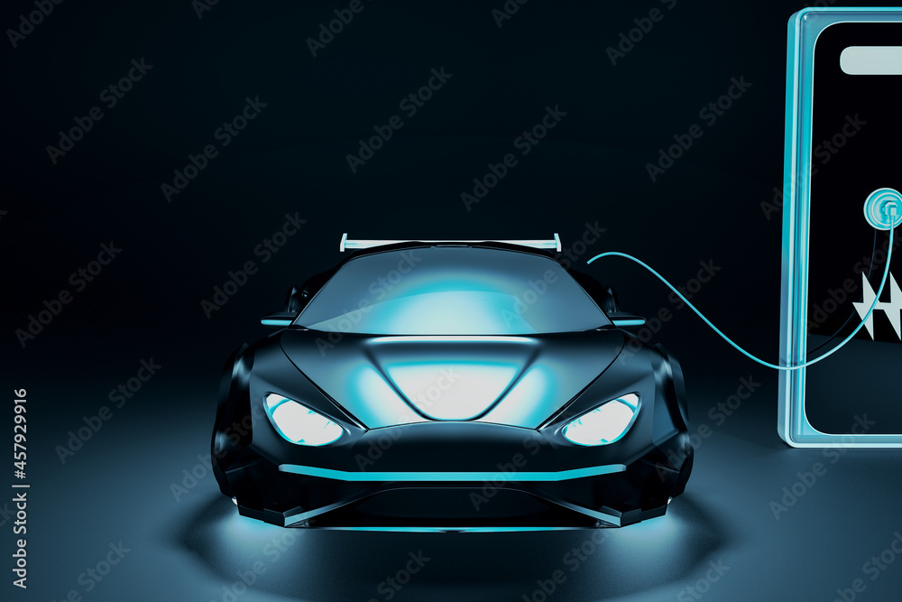 时尚的蓝色电动汽车在深色背景下充电。替代、电力、车辆和环境