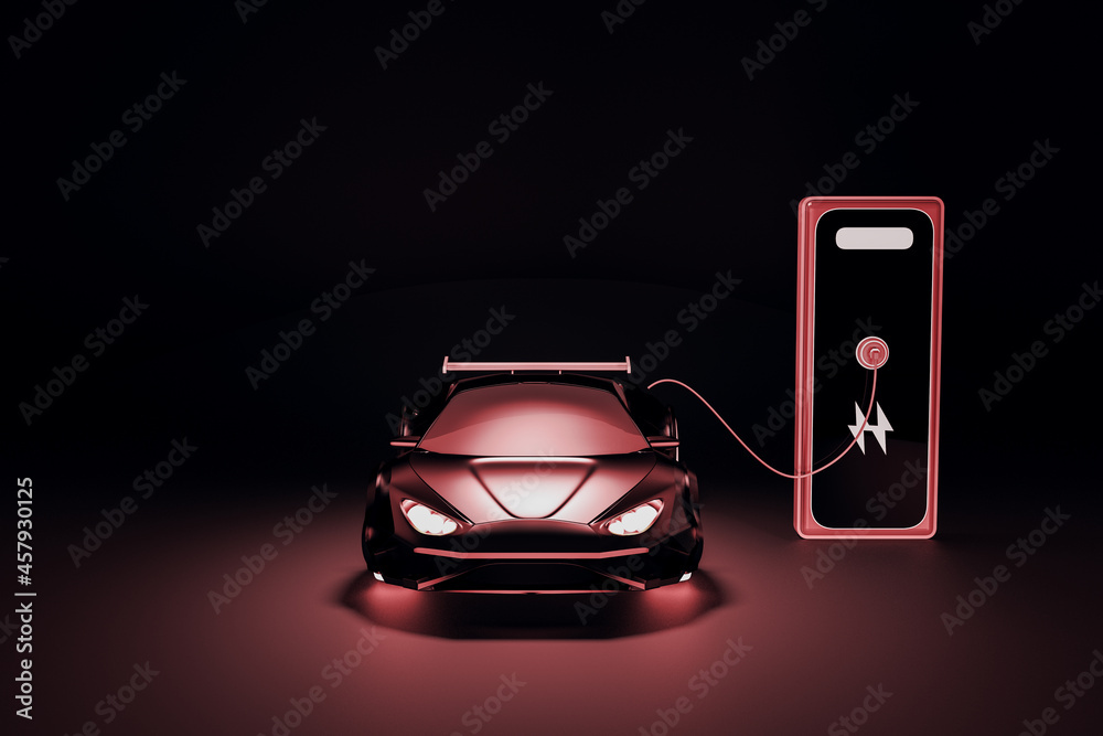 暗背景下的冷红色电动汽车充电。替代、电力、车辆和环境