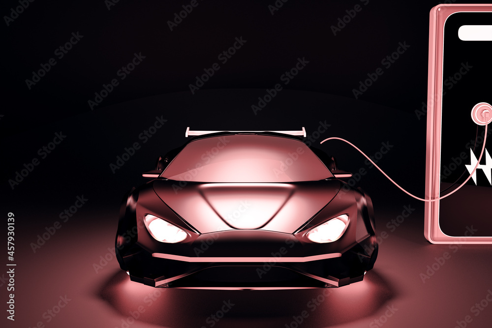 Red electro car charging on dark background. Alternative, electricity, vehicle and environment conce