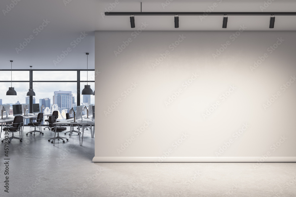 现代办公室内部的空白墙，带实体模型，窗户和城市景观。3D渲染。