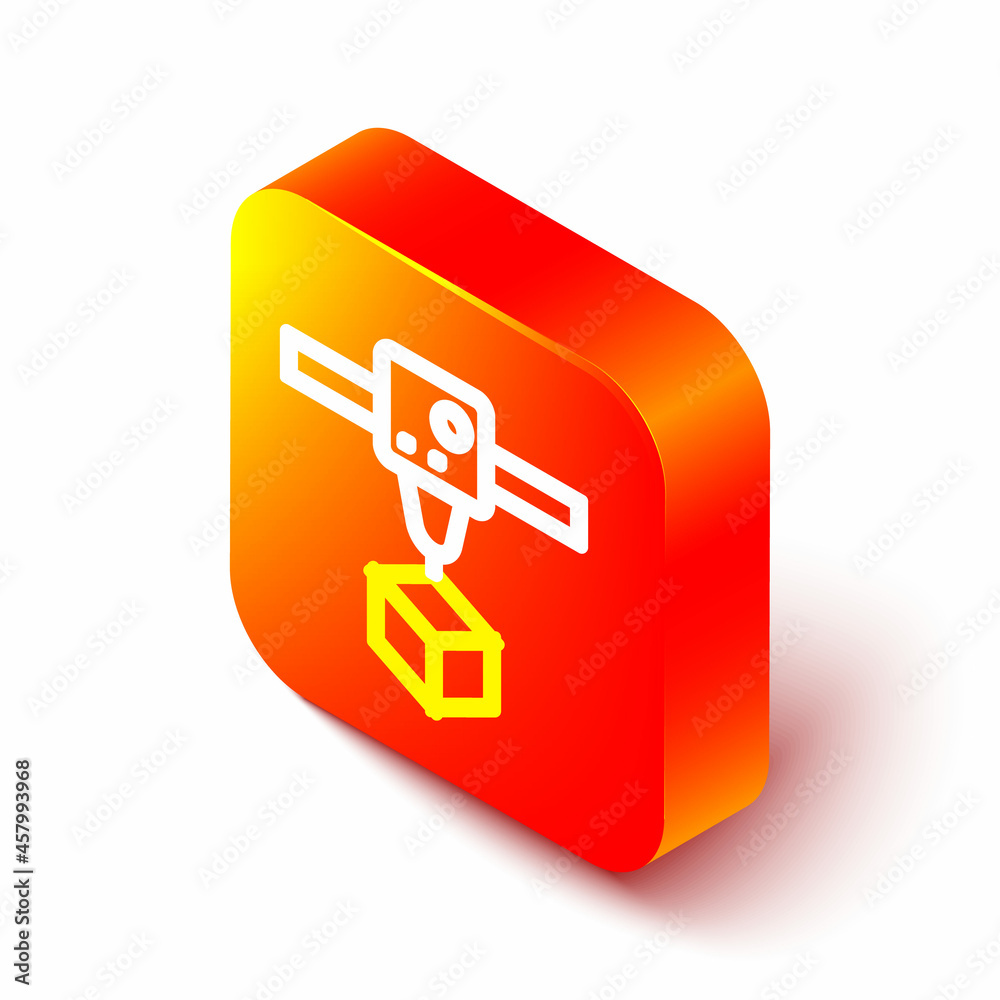 等轴测线3D打印机立方体图标隔离在白色背景上。3D打印。橙色方形按钮。