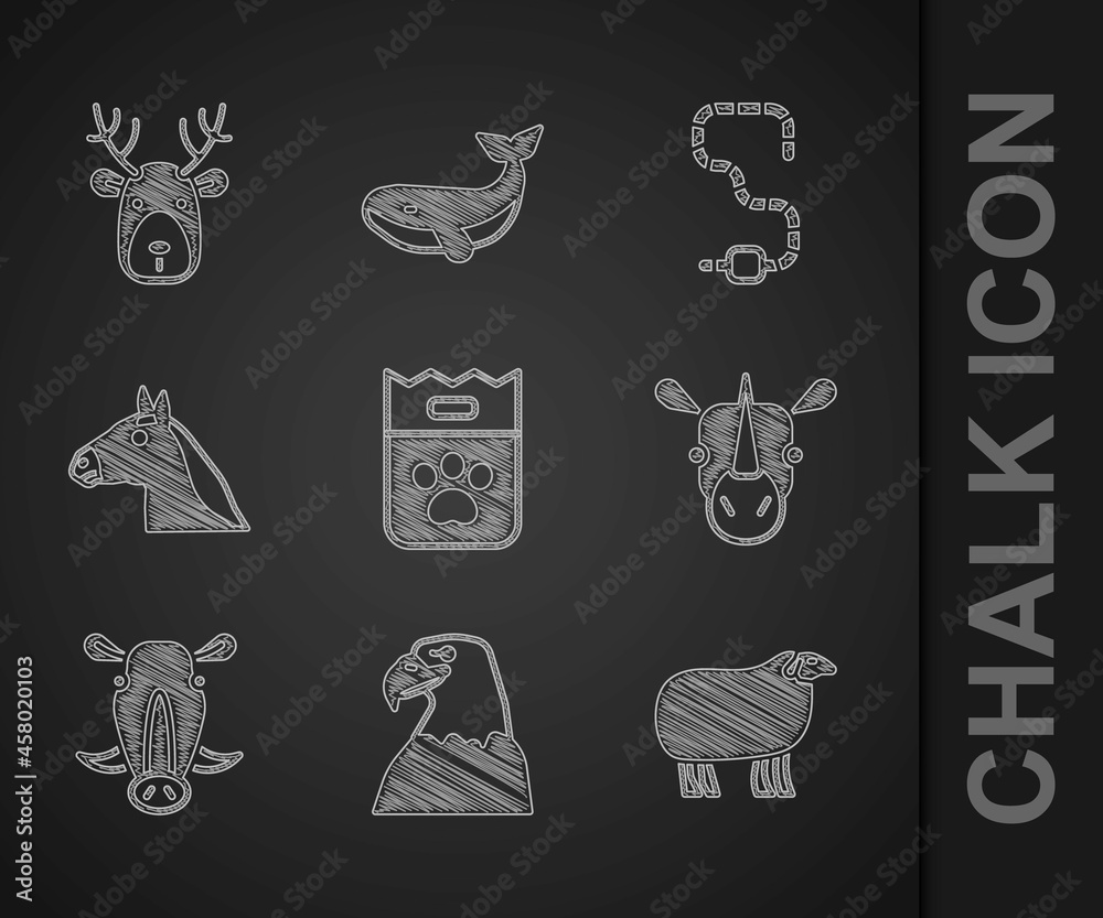 Set Bag of food, Eagle head, Sheep, Rhinoceros, Wild boar, Horse, Worm and Deer with antlers icon. V