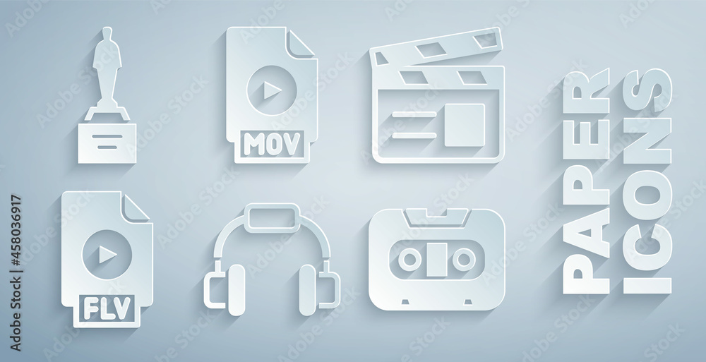 设置耳机、电影拍板、FLV文件文档、复古盒式磁带、MOV和奖杯图标.Ve