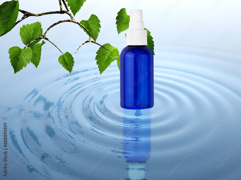 Cosmetic spa medical skincare, glass bottle on blue water background with waves.