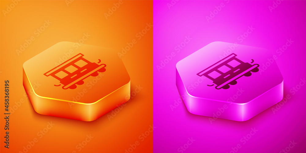 Isometric Passenger train cars toy icon isolated on orange and pink background. Railway carriage. He