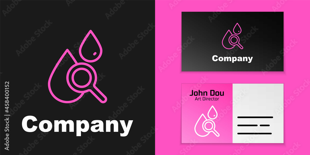 粉红色线条水滴和放大镜图标隔离在黑色背景上。徽标设计模板元素。