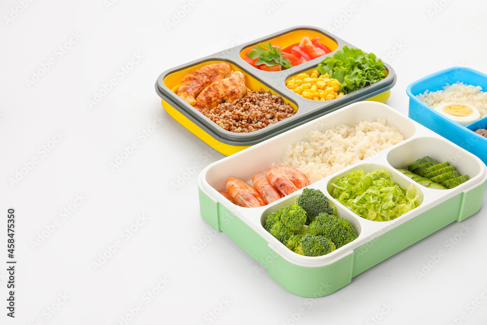 Containers with various healthy food isolated on white background