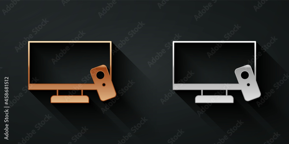 Gold and silver Smart Tv icon isolated on black background. Television sign. Long shadow style. Vect