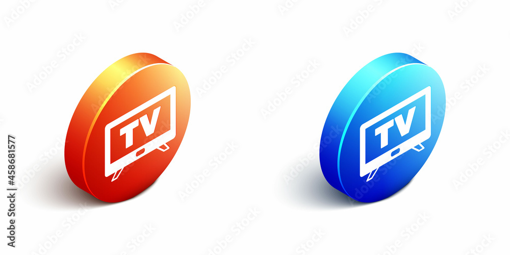 白色背景上隔离的等距智能电视图标。电视标志。橙色和蓝色圆形按钮