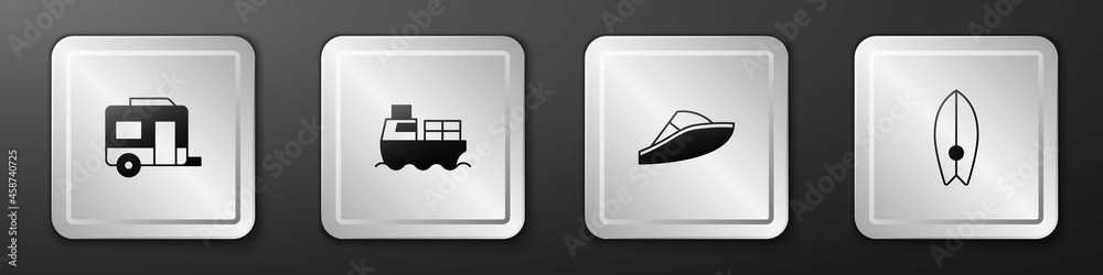 设置Rv露营拖车，带箱子交付的货船，快艇和冲浪板图标。银色方块