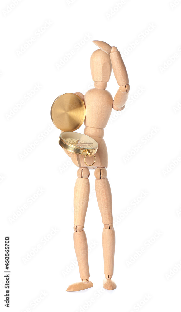 Wooden mannequin with compass on white background