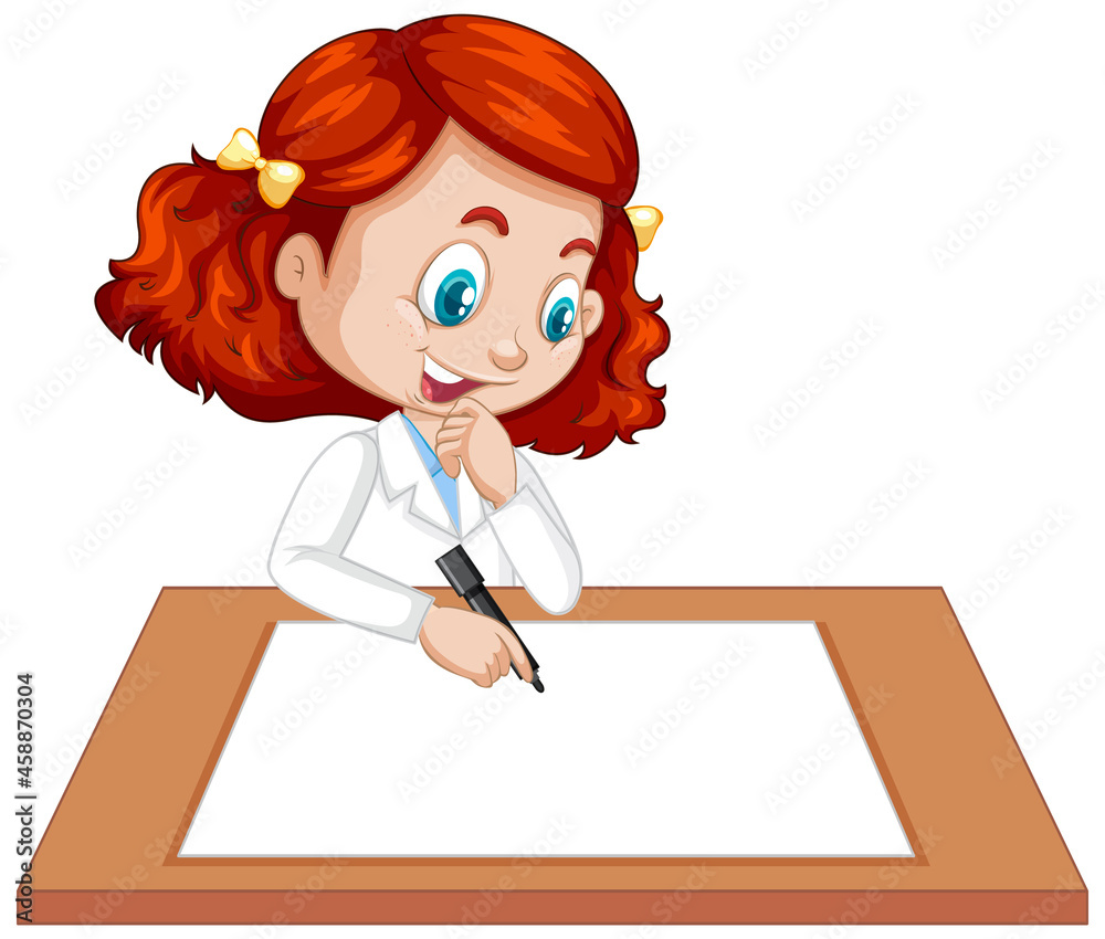 穿着科学家制服在白纸上写字的可爱女孩
