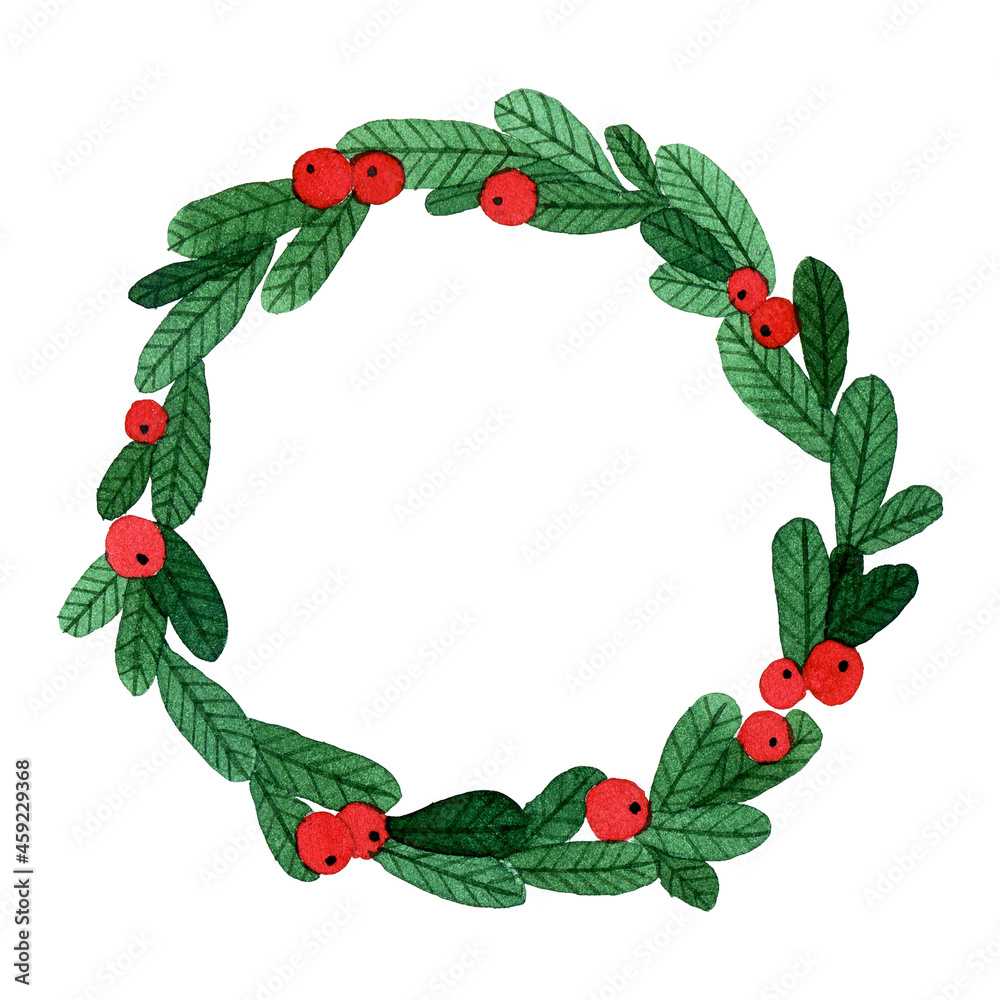 圣诞花环。简单的水彩画，绿色云杉树枝和红色浆果的花环。符号