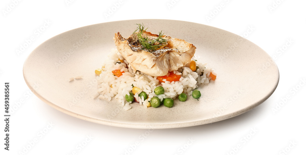 盘子里有美味的烤鳕鱼片、米饭和白底蔬菜