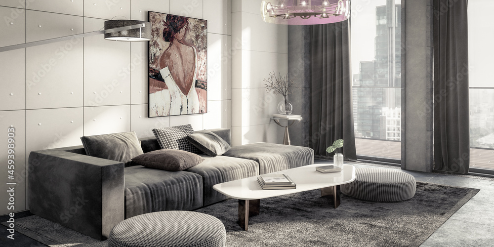 阁楼公寓内的坐群和装饰艺术呈现-全景黑白3D V