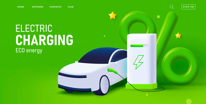 Electric car charging, 3d illustration of charging equipment and auto with green percent sign, advertising web banner