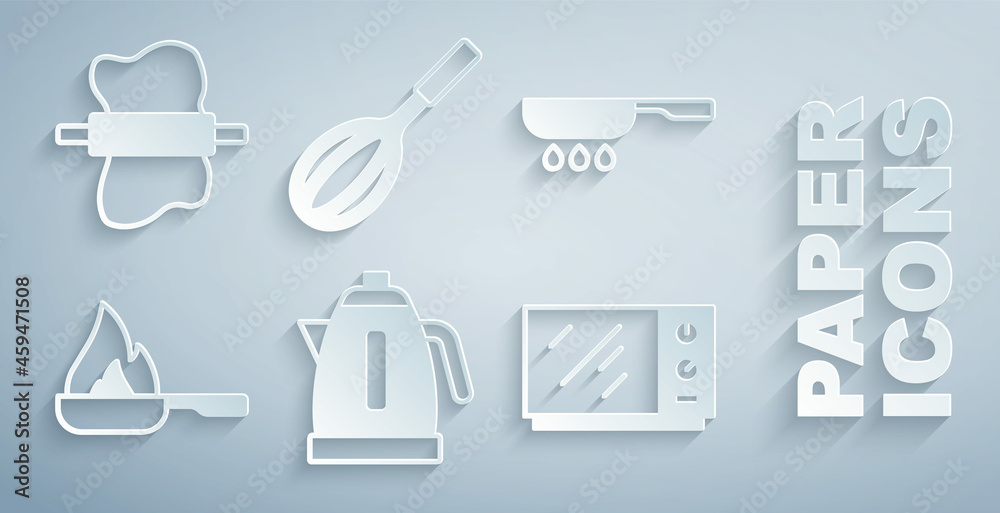 设置电热水壶、煎锅、微波炉、厨房搅拌器和擀面棍。矢量