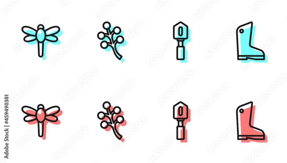 Set line Shovel, Dragonfly, Blossom tree branch and Rubber gloves icon. Vector