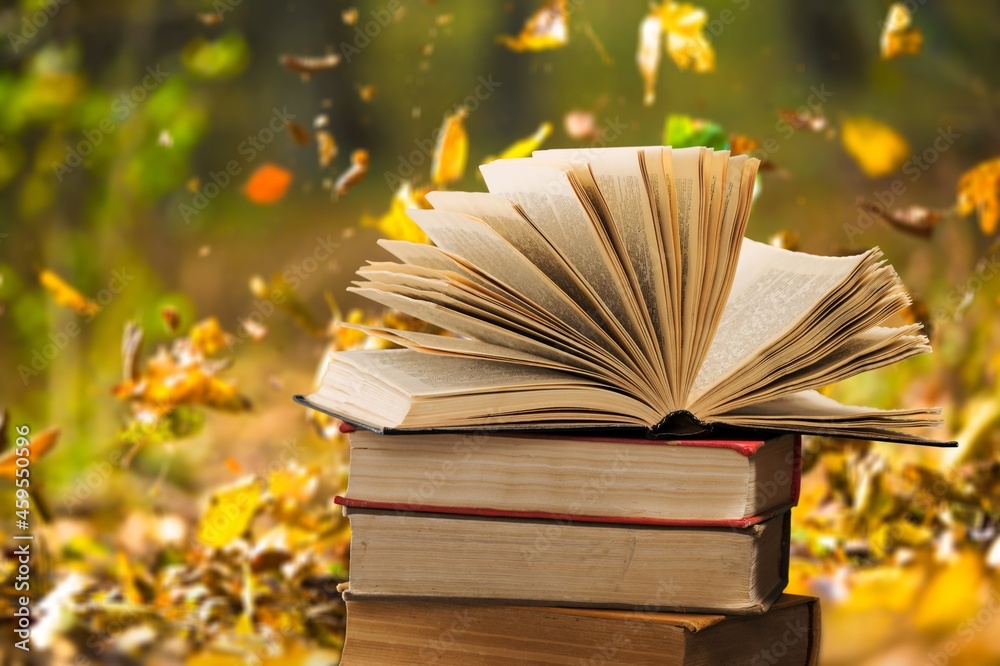 书桌上阅读的书籍和秋天的背景