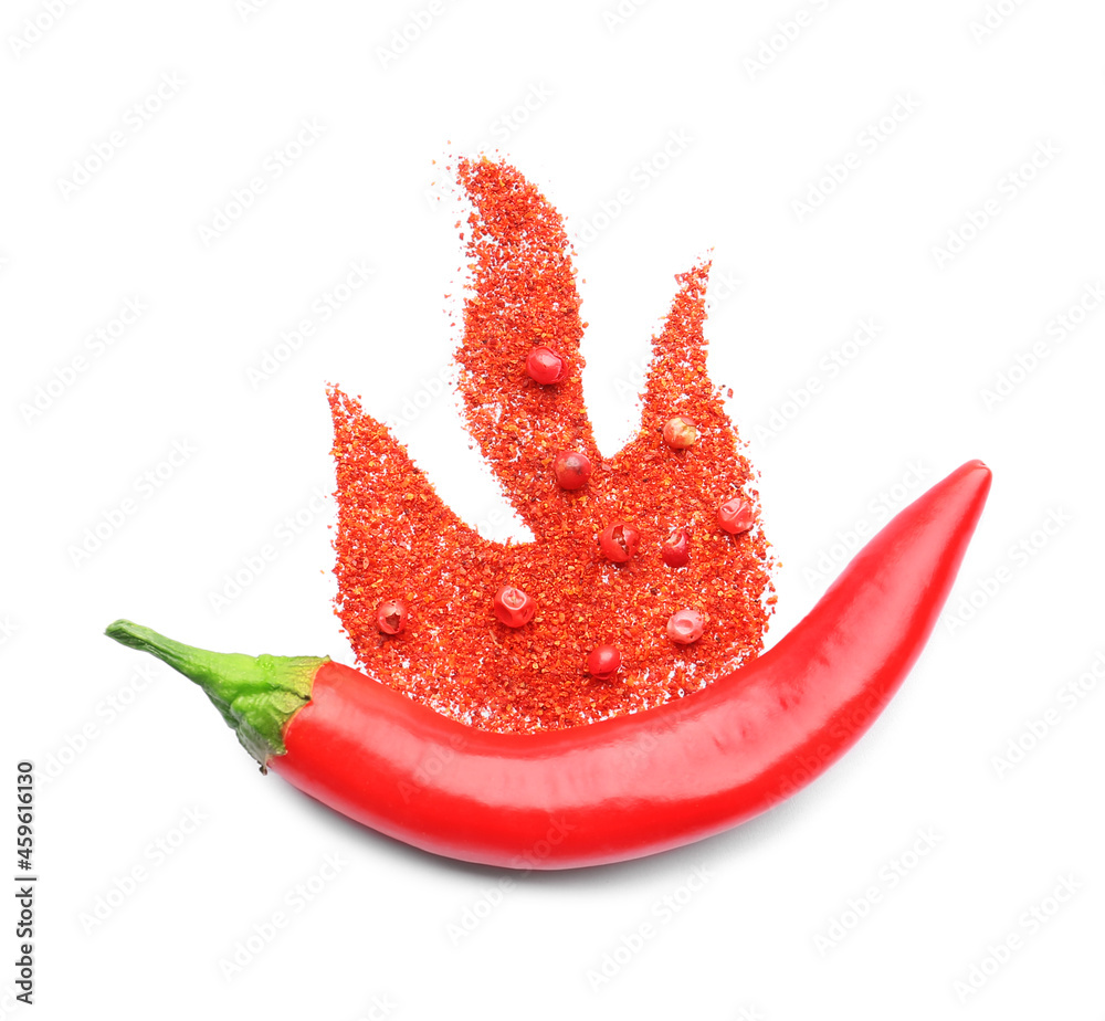 白底红辣椒粉、胡椒粉和胡椒粉制成的火焰