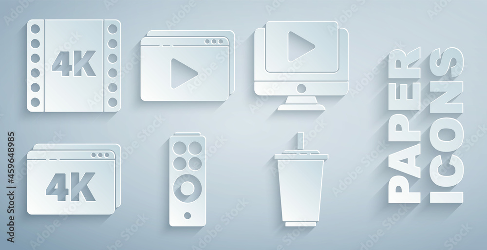 设置遥控器，在线播放视频，带4k、纸玻璃水和电影、磁带、相框图标。Vect