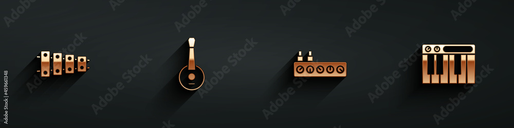 Set Xylophone, Banjo, Sound mixer controller and Music synthesizer icon with long shadow. Vector