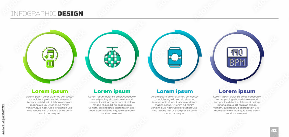 Set Pause button, Disco ball, Beer can and Bitrate. Business infographic template. Vector