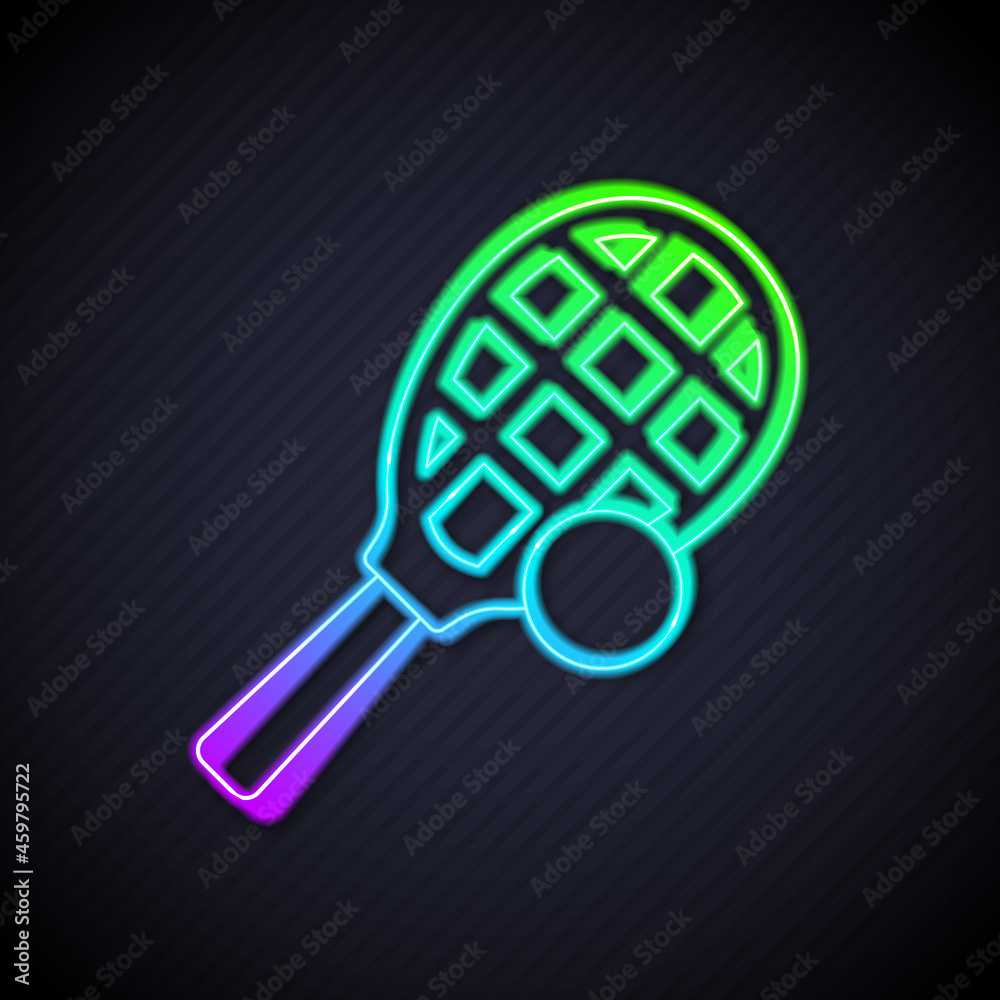 Glowing neon line Tennis racket with ball icon isolated on black background. Sport equipment. Vector