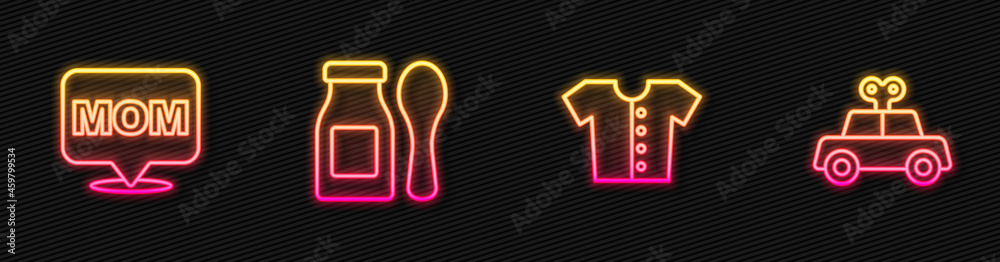 Set line Baby t-shirt, Speech bubble mom, Yogurt in bottle with spoon and Toy car. Glowing neon icon