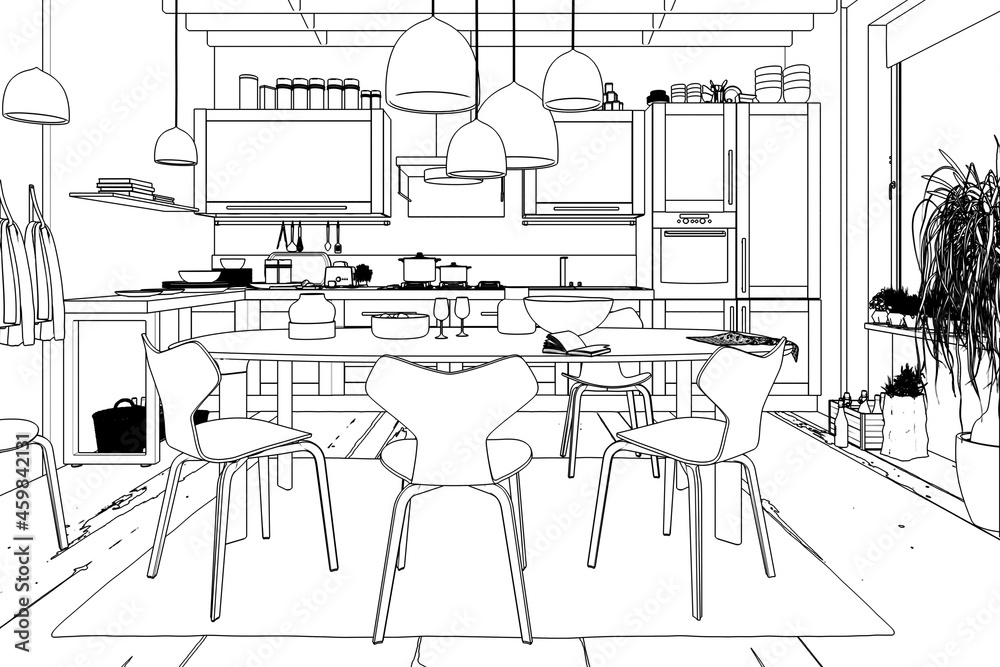 带餐厅集成的现代厨房区域（草图）-三维可视化