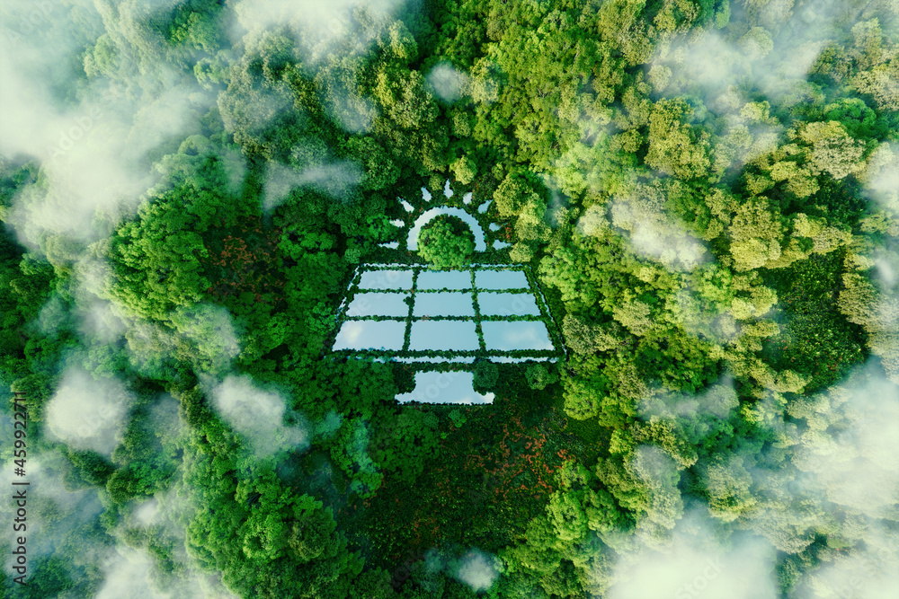 一个位于原始雨林中央的湖泊，其形状为太阳能发电厂，象征着be