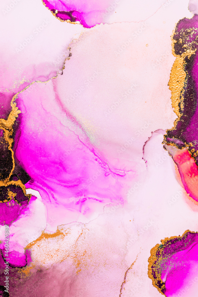 纸上大理石液体水墨艺术画的粉金色抽象背景。原始艺术品的图像