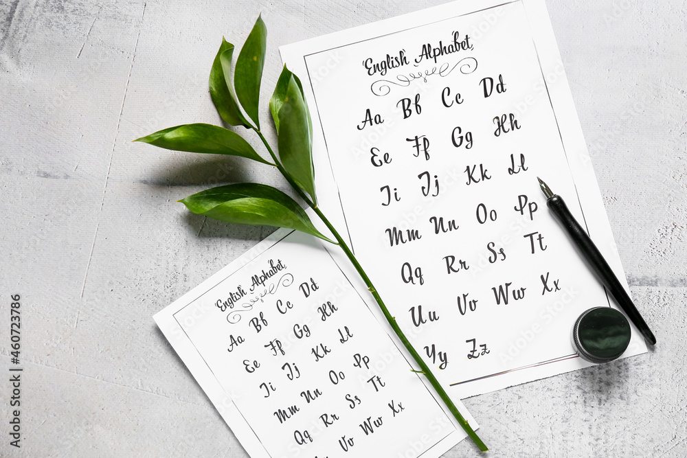 Paper sheets with alphabet, nib pen and plant branch on light background