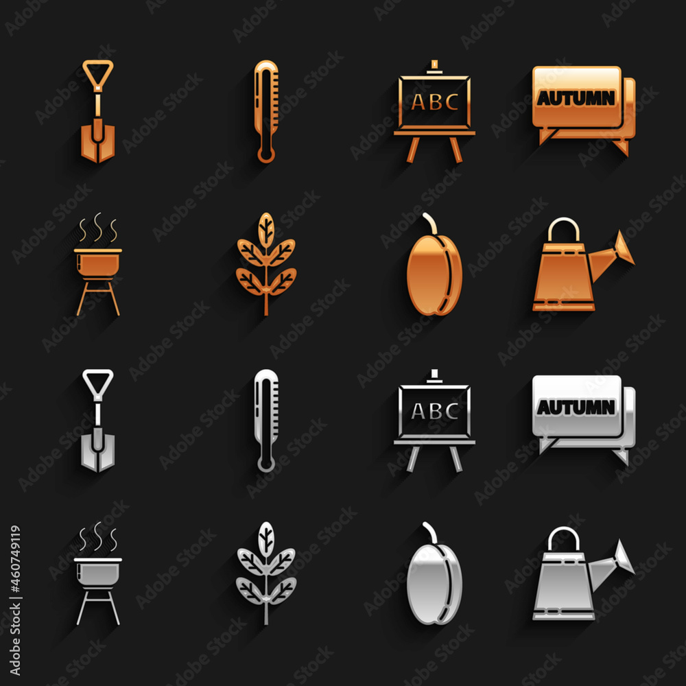 Set Leaf or leaves, Speech bubble with text autumn, Watering can, Plum fruit, Barbecue grill, Chalkb