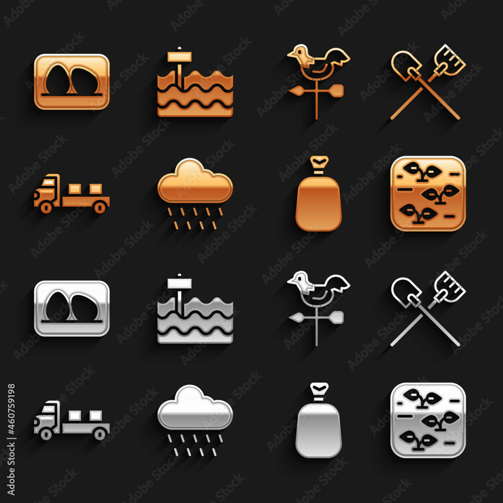Set Cloud with rain, Shovel, Plant, Full sack, Pickup truck, Rooster weather vane, Chicken egg and G