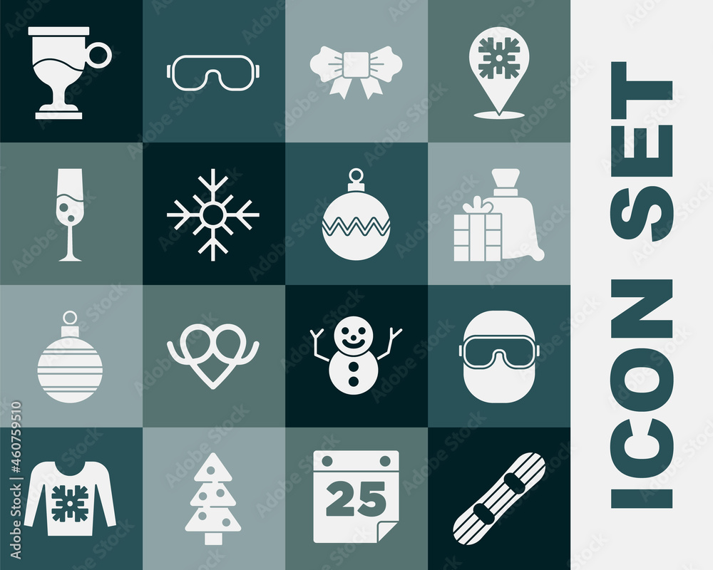 套装滑雪板，滑雪护目镜，圣诞老人包礼物，蝴蝶结，雪花，香槟杯，穆勒胜利