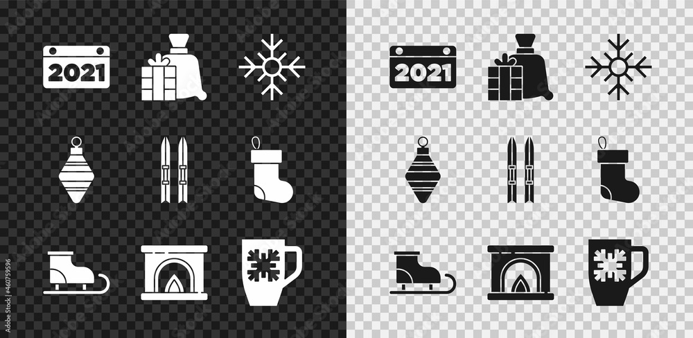 套装日历，圣诞老人包礼物，雪花，花样滑冰鞋，室内壁炉，带锡的咖啡杯